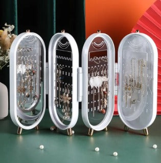 Foldable Jewelry Organizer with Mirror Ear Rings & Necklace Hanging Holder